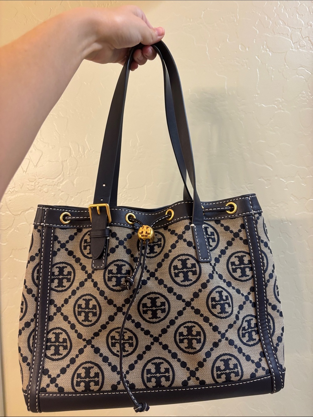 Tory Burch Navy and Beige Logo Jacquard Drawstring Tote